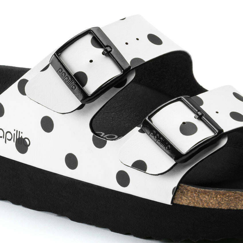 Birkenstock Arizona Platform Birko-Flor in White Black Dots