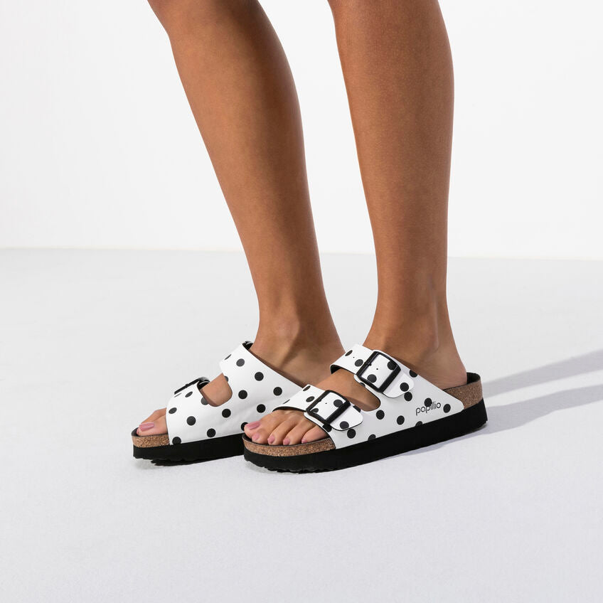 Birkenstock Arizona Platform Birko-Flor in White Black Dots
