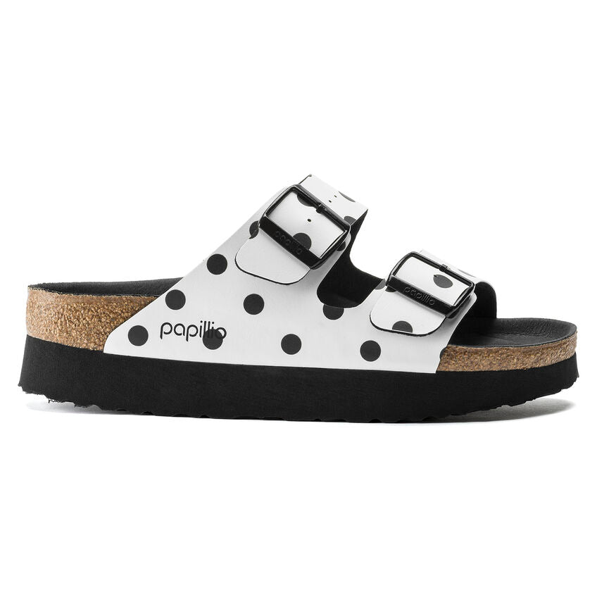 Birkenstock Arizona Platform Birko-Flor in White Black Dots