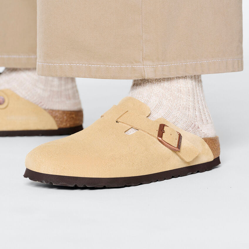 Birkenstock Boston Suede Leather Clog in Latte Cream