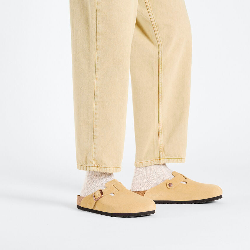 Birkenstock Boston Suede Leather Clog in Latte Cream