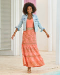 Metallic Embroidered Eyelet Maxi Skirt Coral/Gold