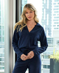 Cotton Comfort Collared V Neck Lounge Sweatshirt Navy