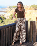 Malibu Chocolate Zebra Drawstring Wide Leg Pant Brown/Off White