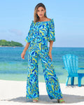 Malibu Limelight Leaves Print Knit Palazzo Pant Green/Teal