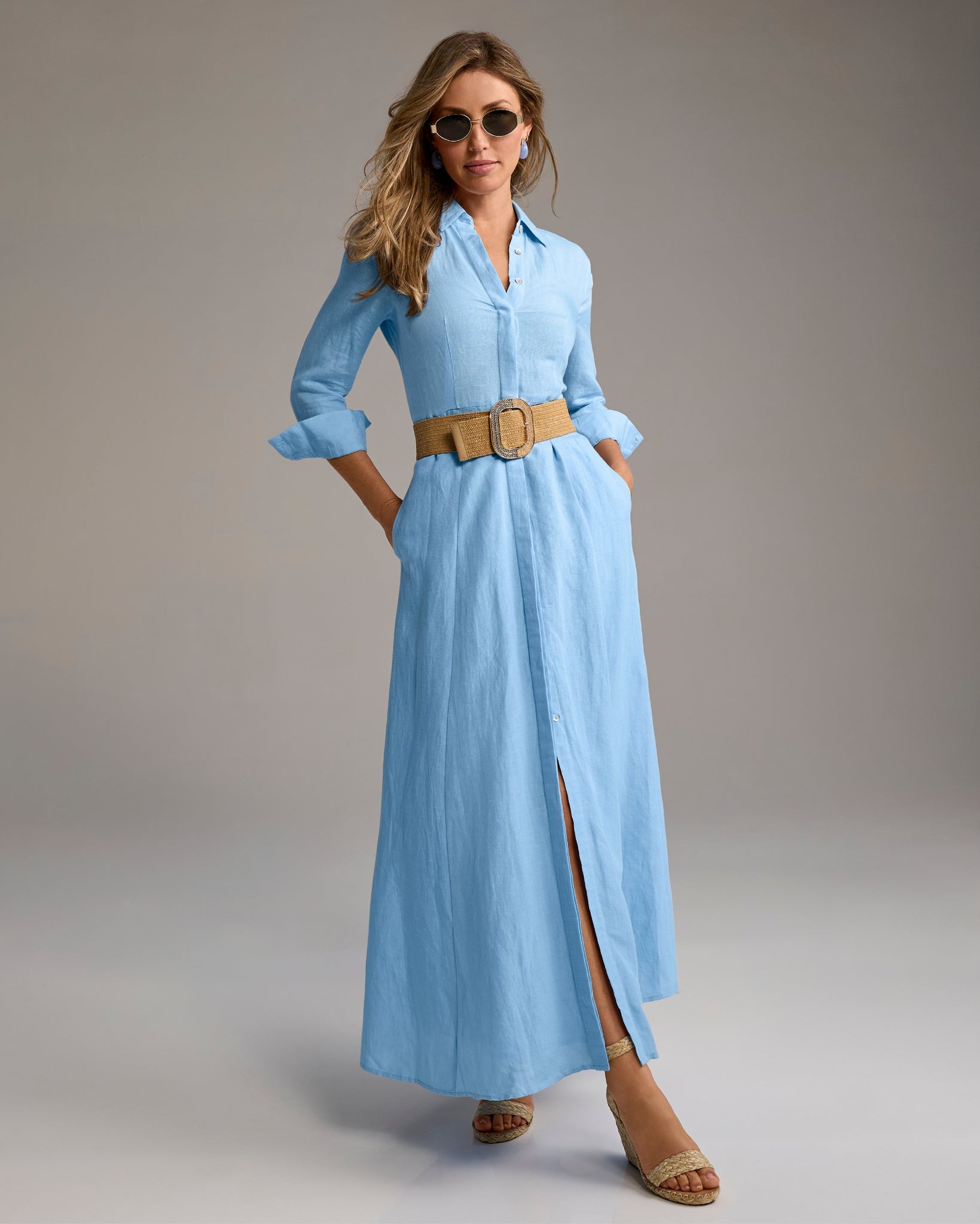 Linen Three Quarter Sleeve Maxi Shirt Dress Airy Blue