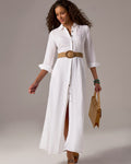 Linen Three Quarter Sleeve Maxi Shirt Dress White
