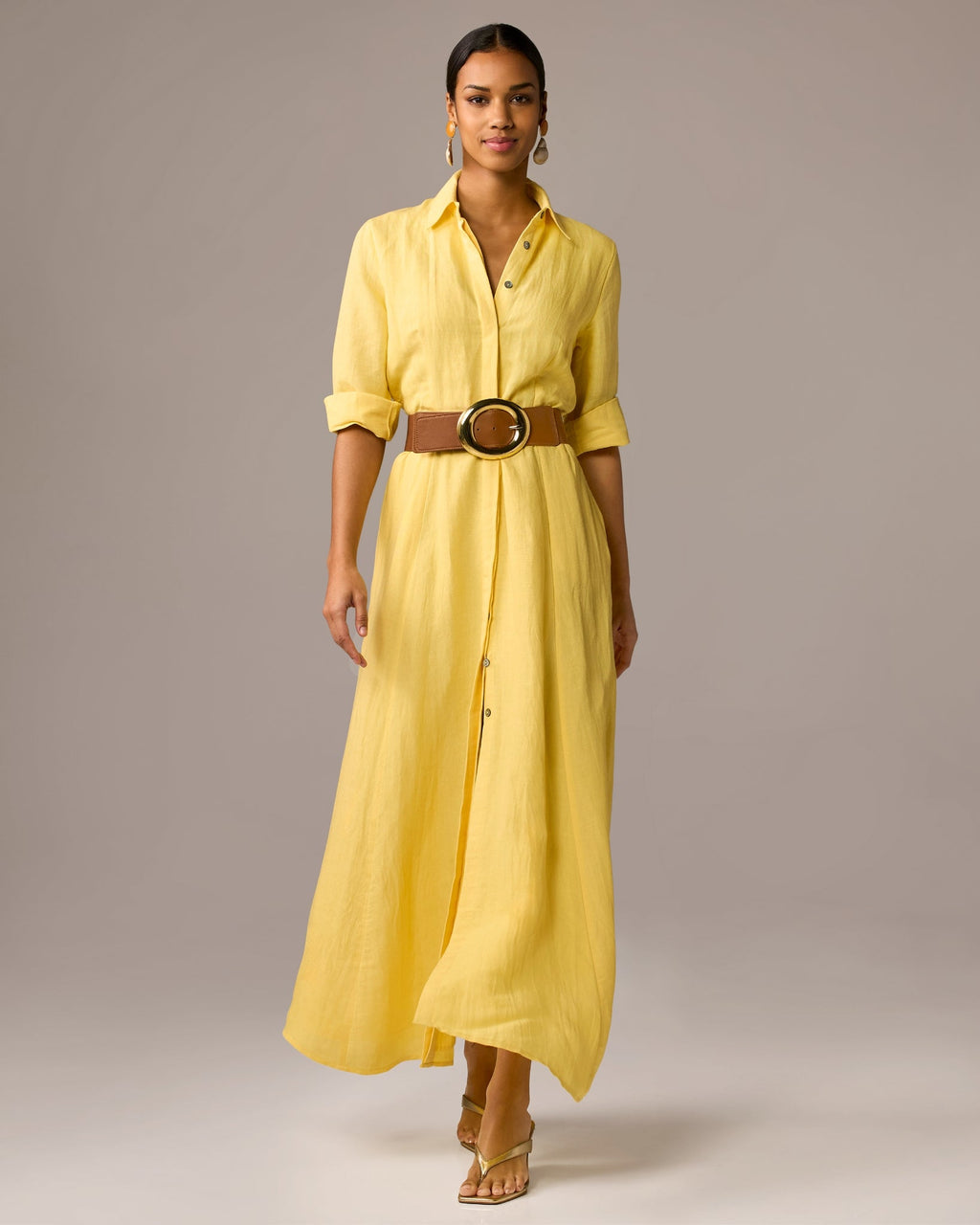 Linen Three Quarter Sleeve Maxi Shirt Dress Lemon Drop