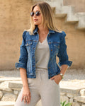 Stretch Denim Puff Sleeve Jacket Medium Wash