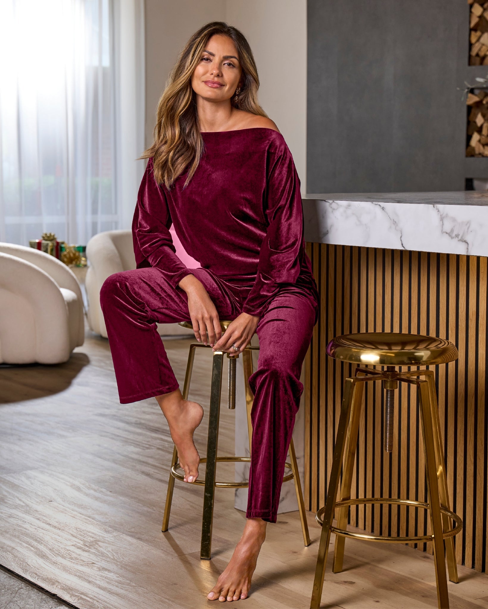 Chic Velour Slouchy and Wide Leg Lounge Set Wine