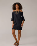 Linen Off The Shoulder Tiered Sleeve Shift Dress Black