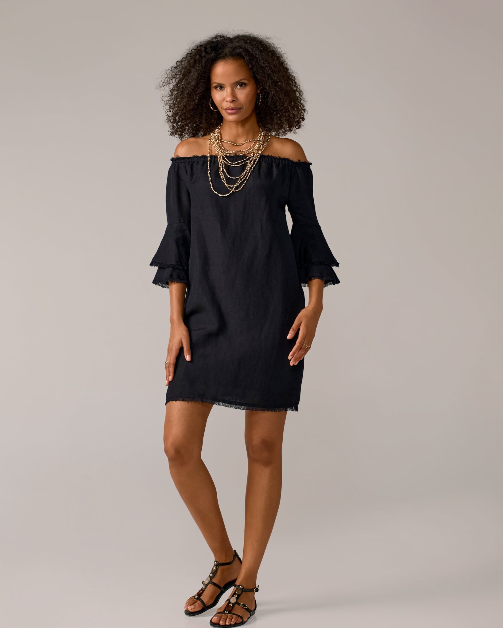 Linen Off The Shoulder Tiered Sleeve Shift Dress Black