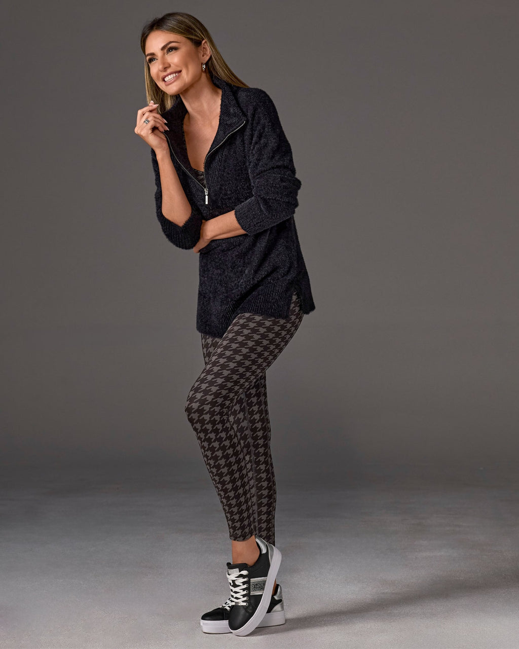 High Waisted Printed Sport Legging Graphite Houndstooth