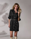 Three Quarter Sleeve Belted Denim Shirt Dress Black
