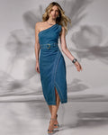 One Shoulder Front Slit Denim Column Midi Dress Dark Wash