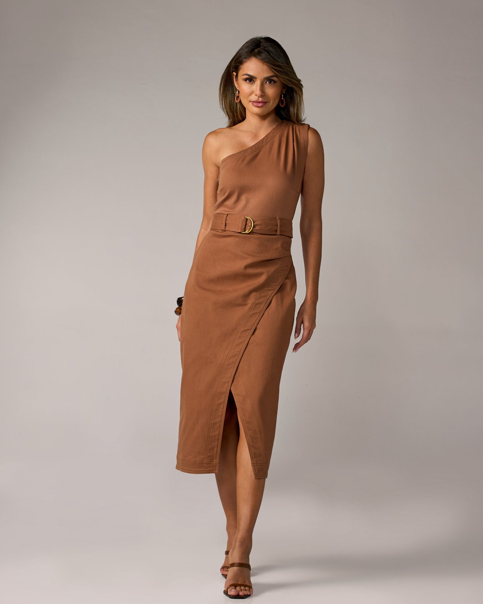 One Shoulder Front Slit Denim Column Midi Dress Tortoise Shell