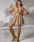 V-Neck Studded Puff Sleeve Dress Cappuccino