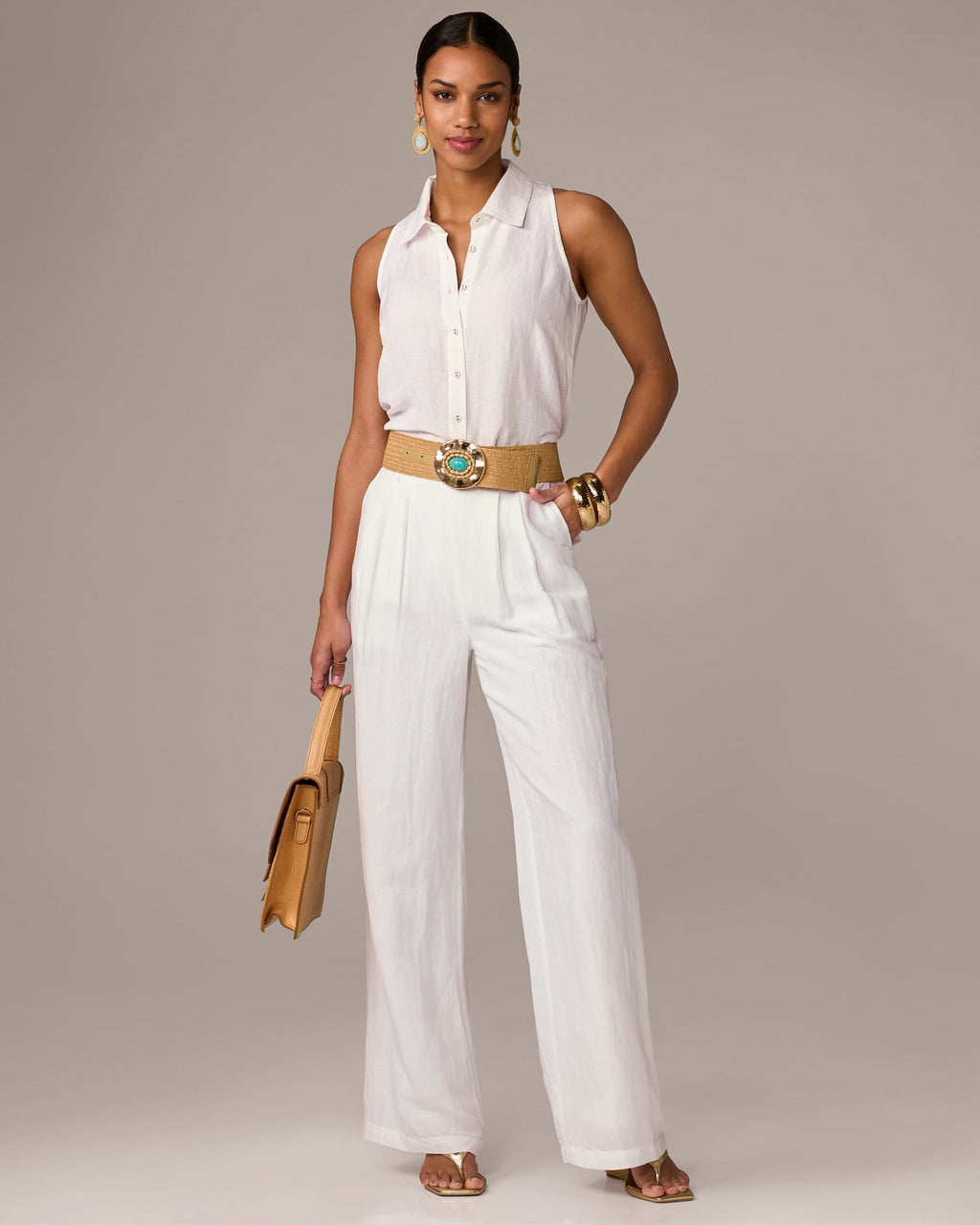 Tie Waist Wide Leg Linen Pant White