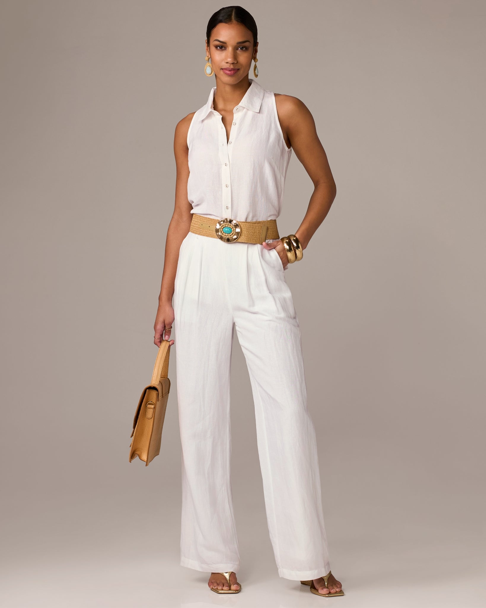 Tie Waist Wide Leg Linen Pant White