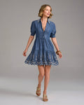 Puff Sleeve Tiered Eyelet Shirt Dress Medium Wash