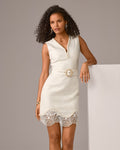 Belted Tweed Embellished Dress Pure White