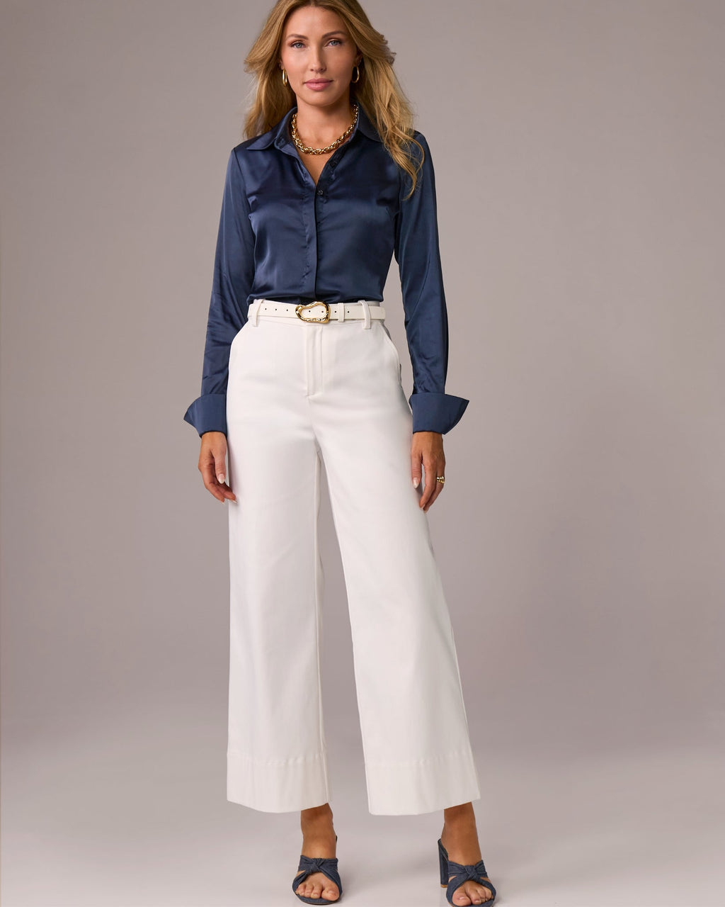 Ankle Length Wide Leg Twill Pant Pure White