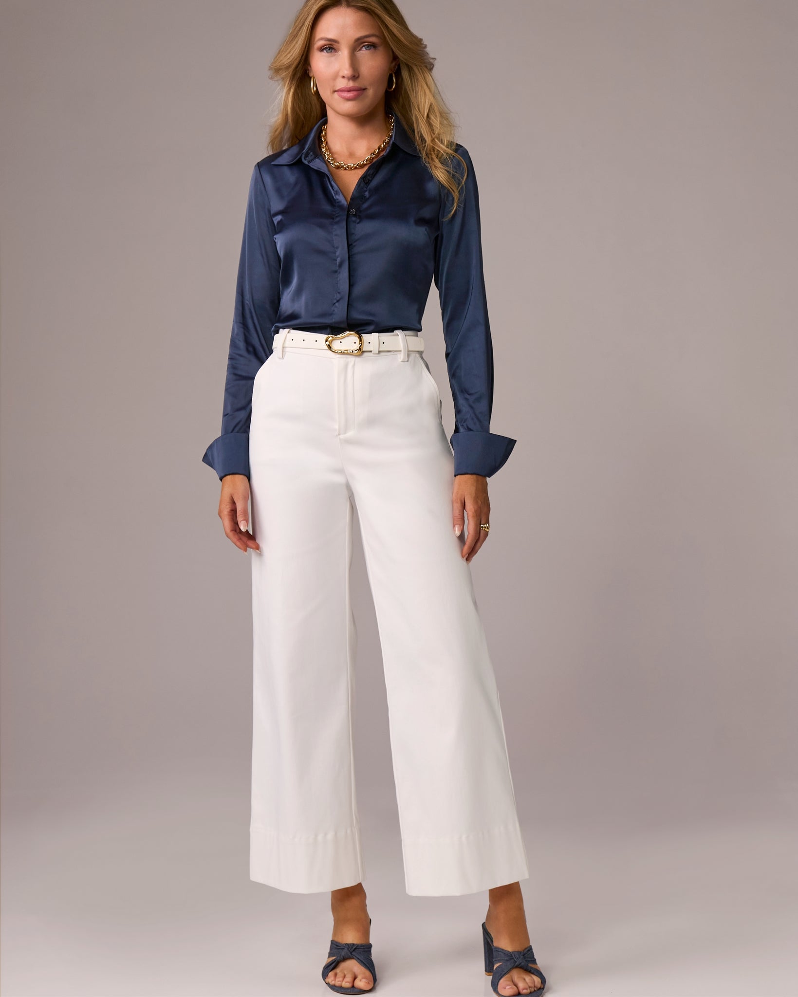 Ankle Length Wide Leg Twill Pant Pure White