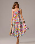 Printed Square Neck Midi Dress Floral Swirls