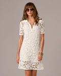 Collared Crochet Shirt Dress Off White