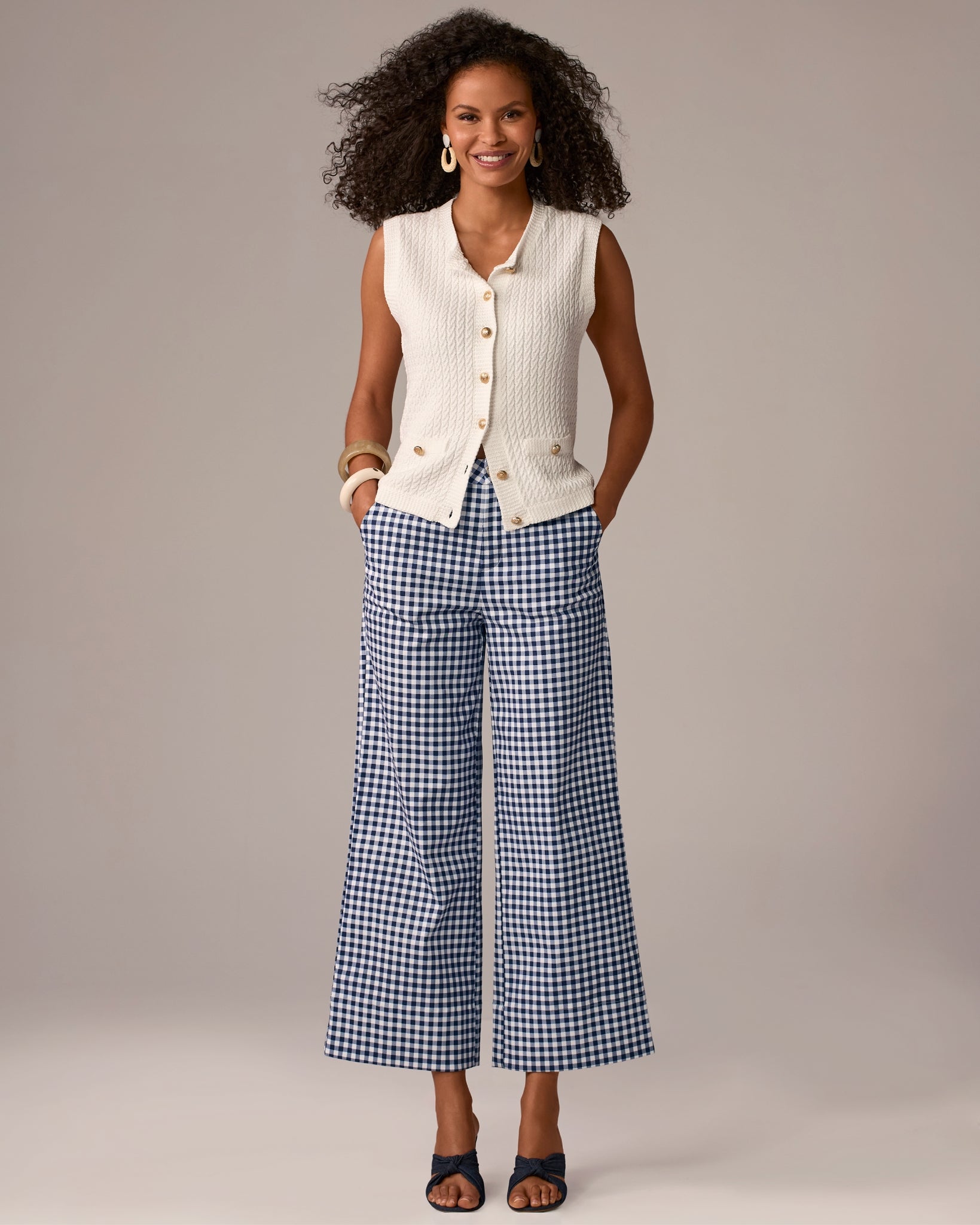 Ankle Length Wide Leg Gingham Twill Pant Navy/White