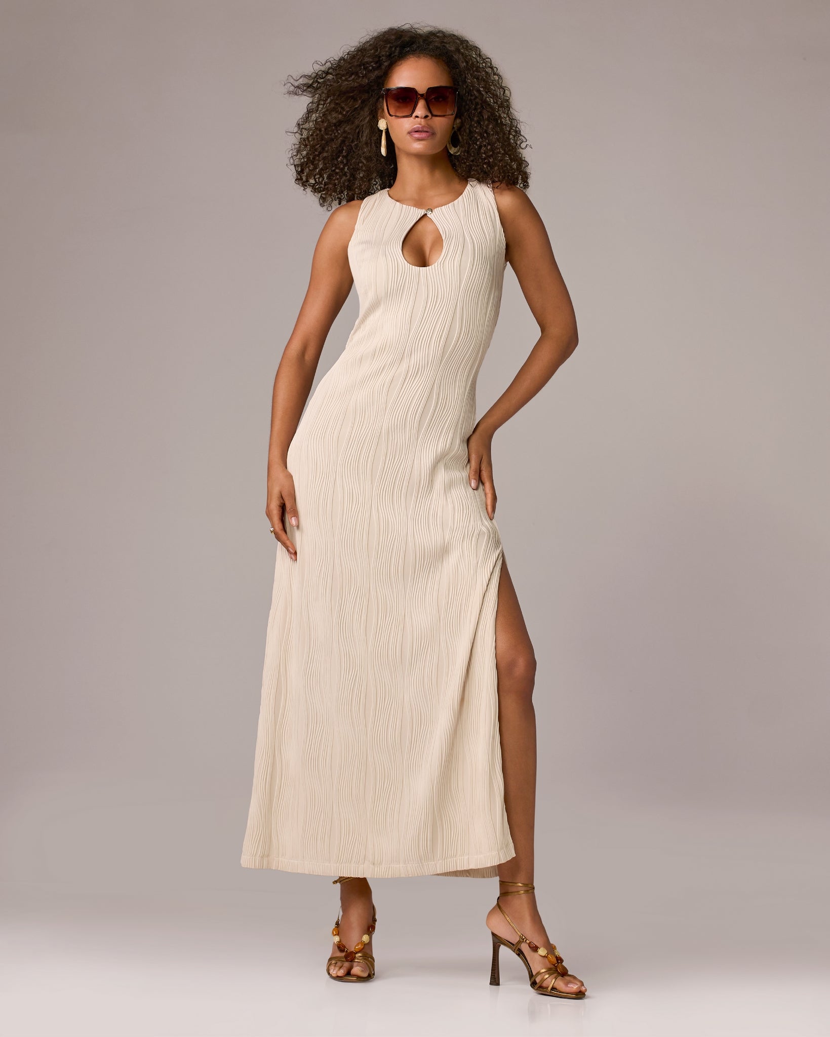 Textured Knit Novelty Keyhole Maxi Dress White Swan