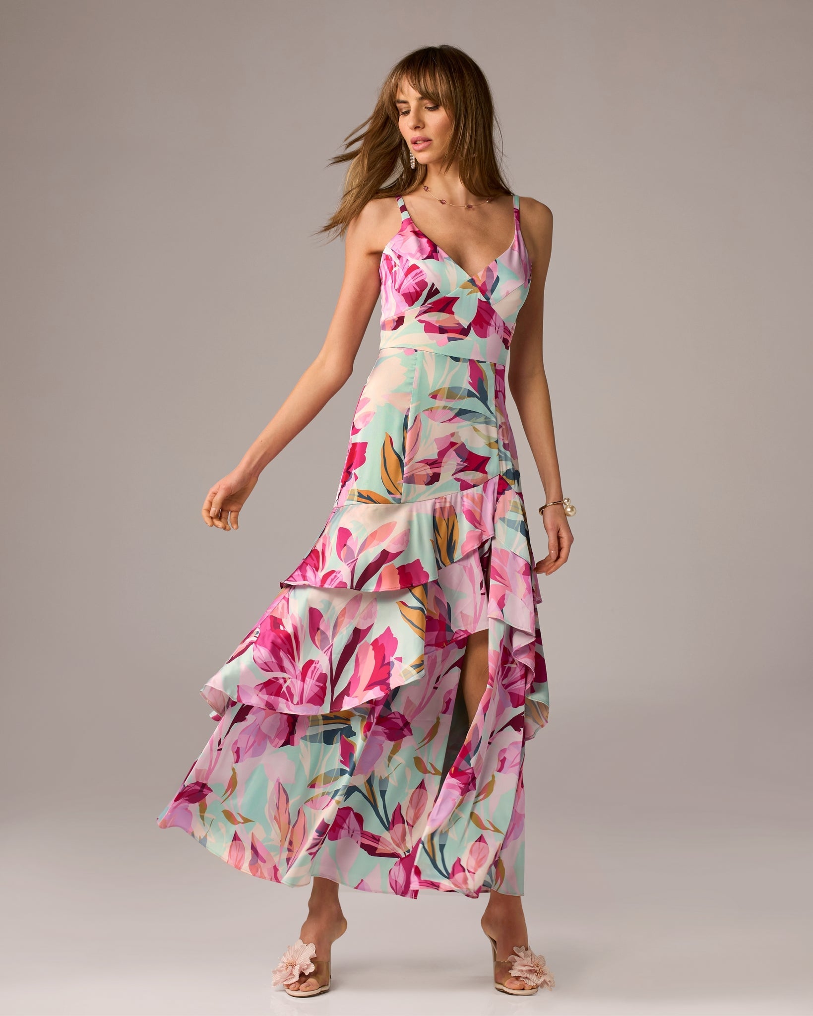 Ruffle Slit Printed Maxi Dress Multi