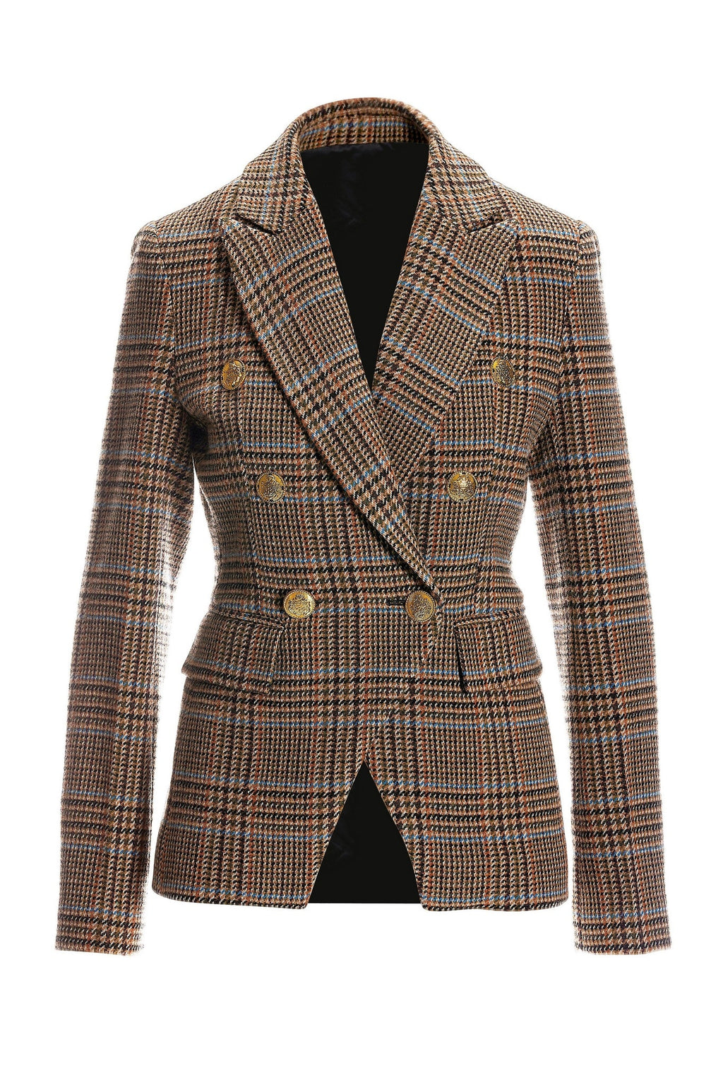 Plaid Modern Double Breasted Blazer Brown Multi