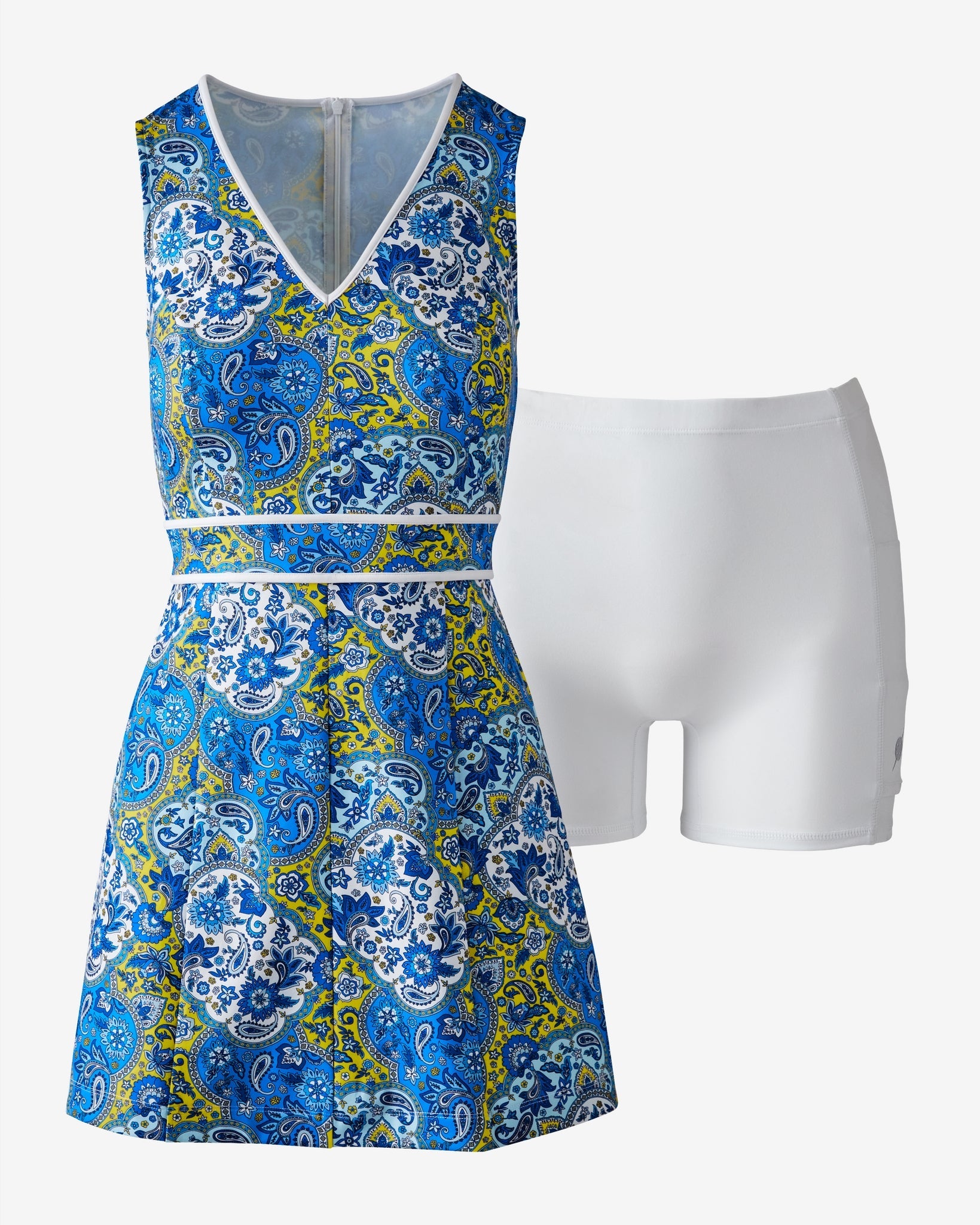 Pickletini x Boston Proper Paisley Pop V Neck Performance Dress Blue Paisley