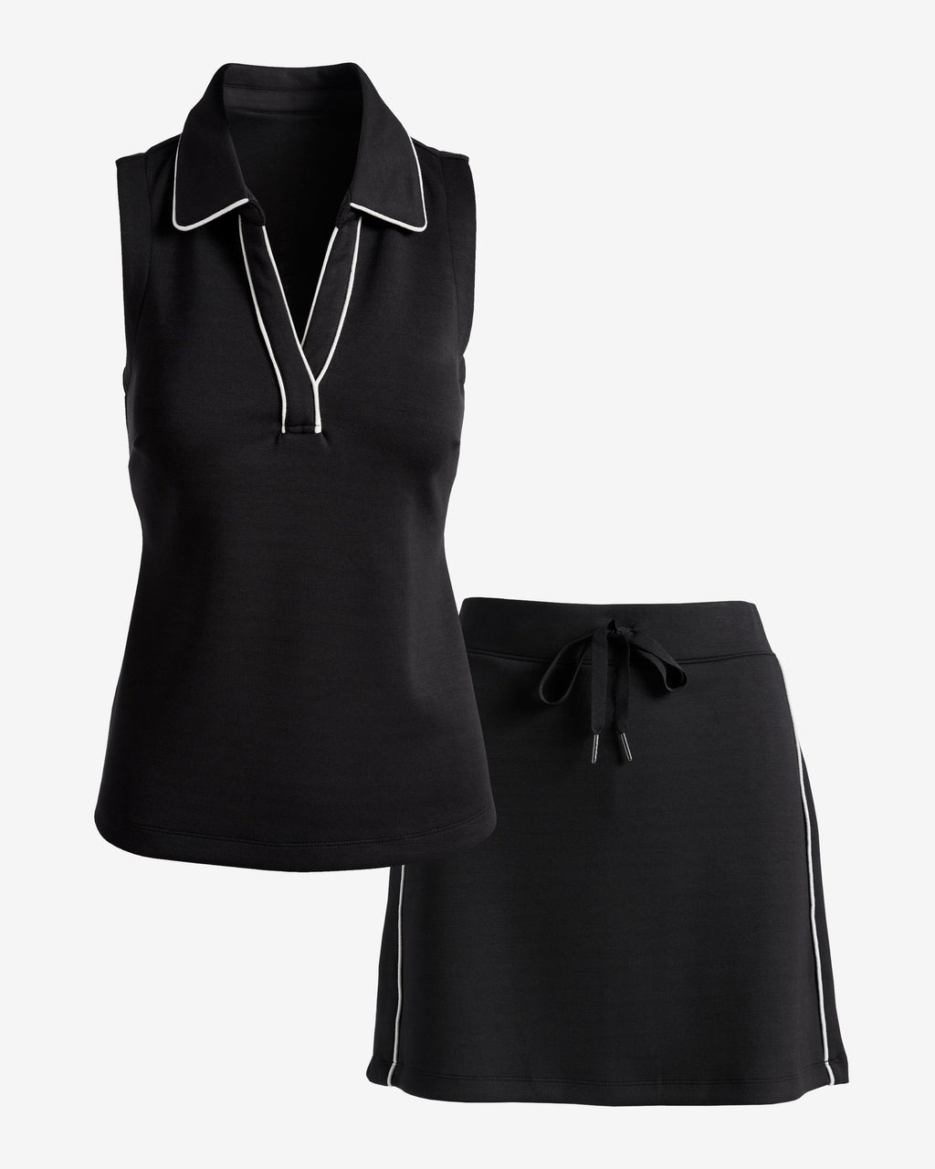 Luxe Lounge Piped Collared Top and Skort Set Proper Black