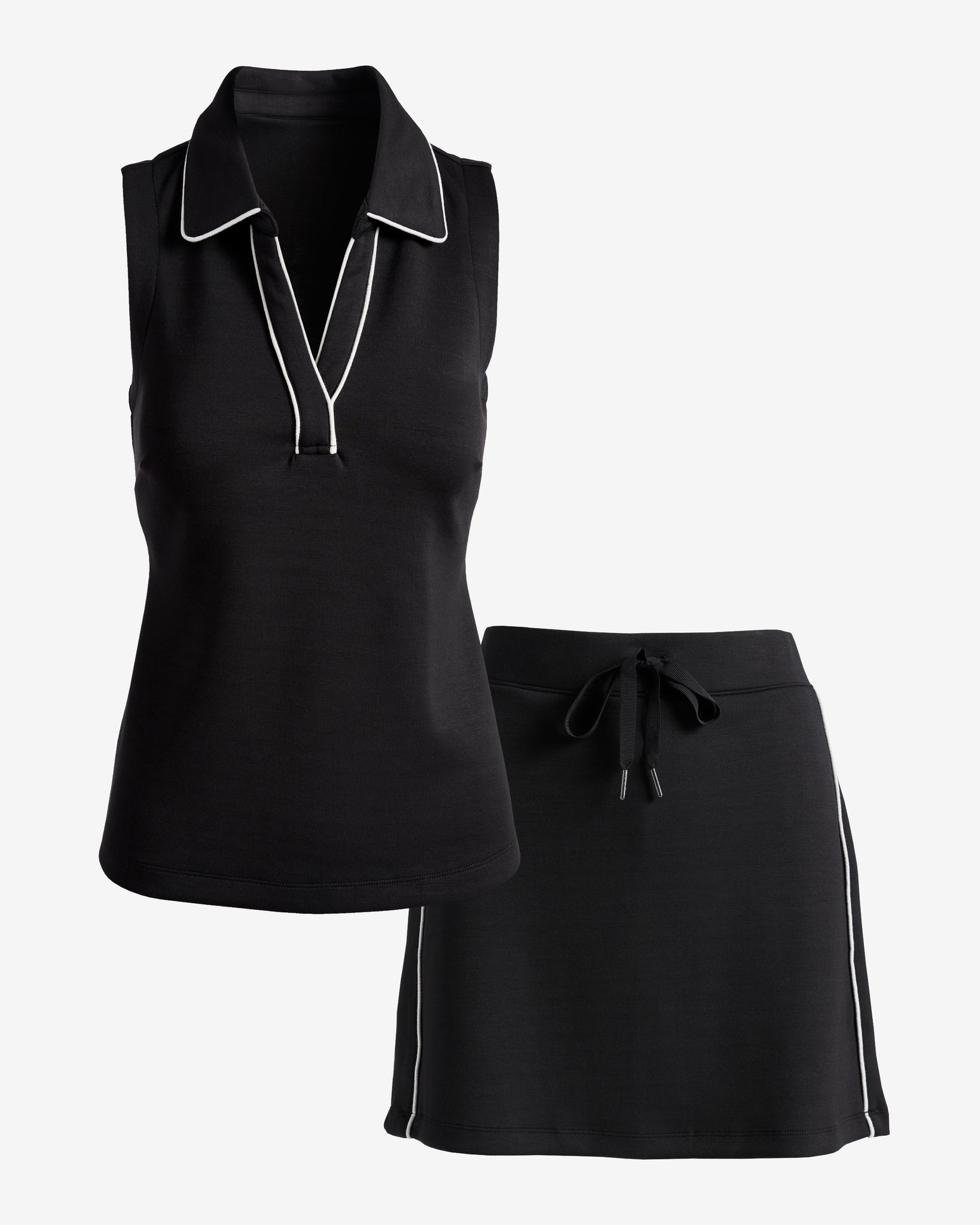Luxe Lounge Piped Collared Top and Skort Set Proper Black