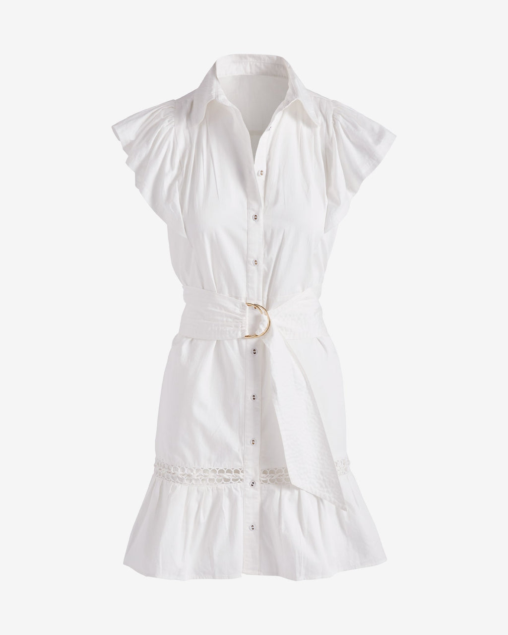 Belted Ruffle A-Line Shirt Dress Pure White