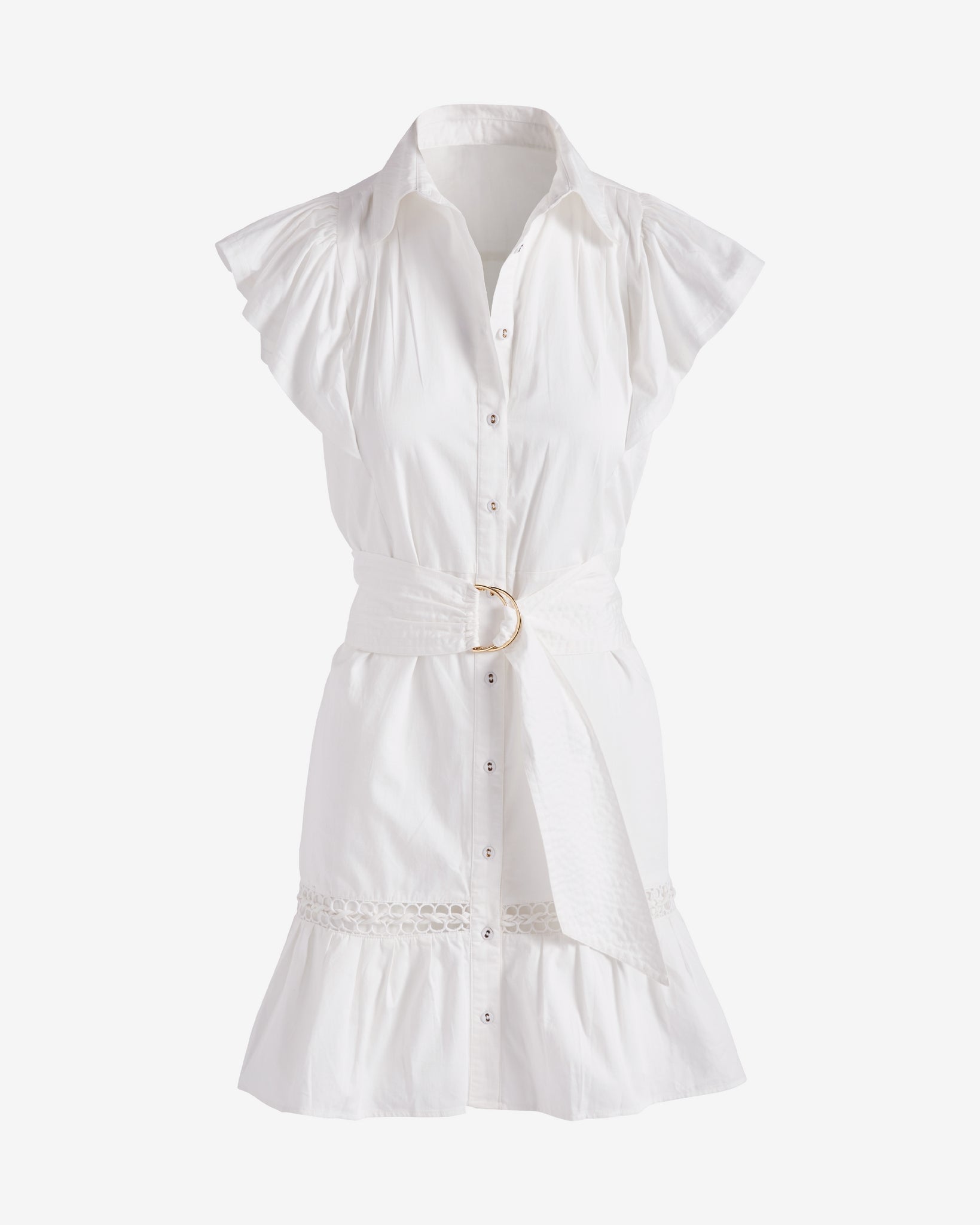 Belted Ruffle A-Line Shirt Dress Pure White