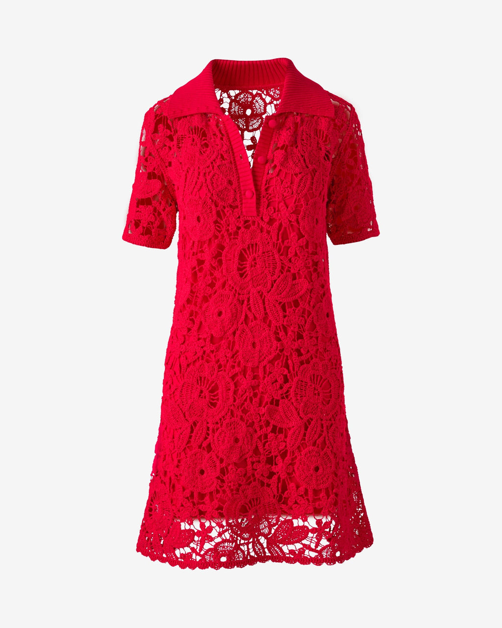 Collared Crochet Shirt Dress Tomato Red