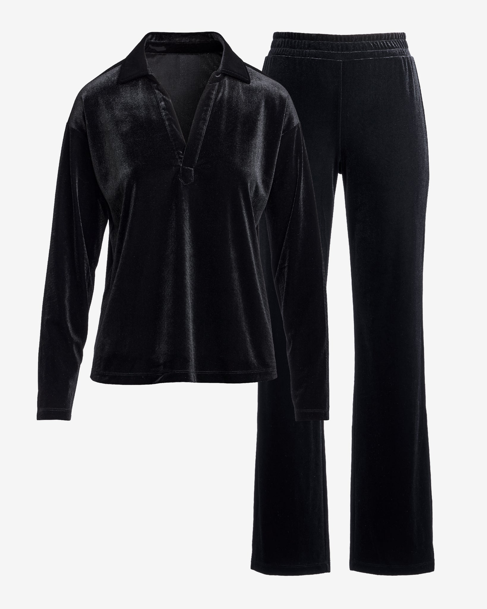 Chic Velour Collared V Neck Wide Leg Pant Set Black