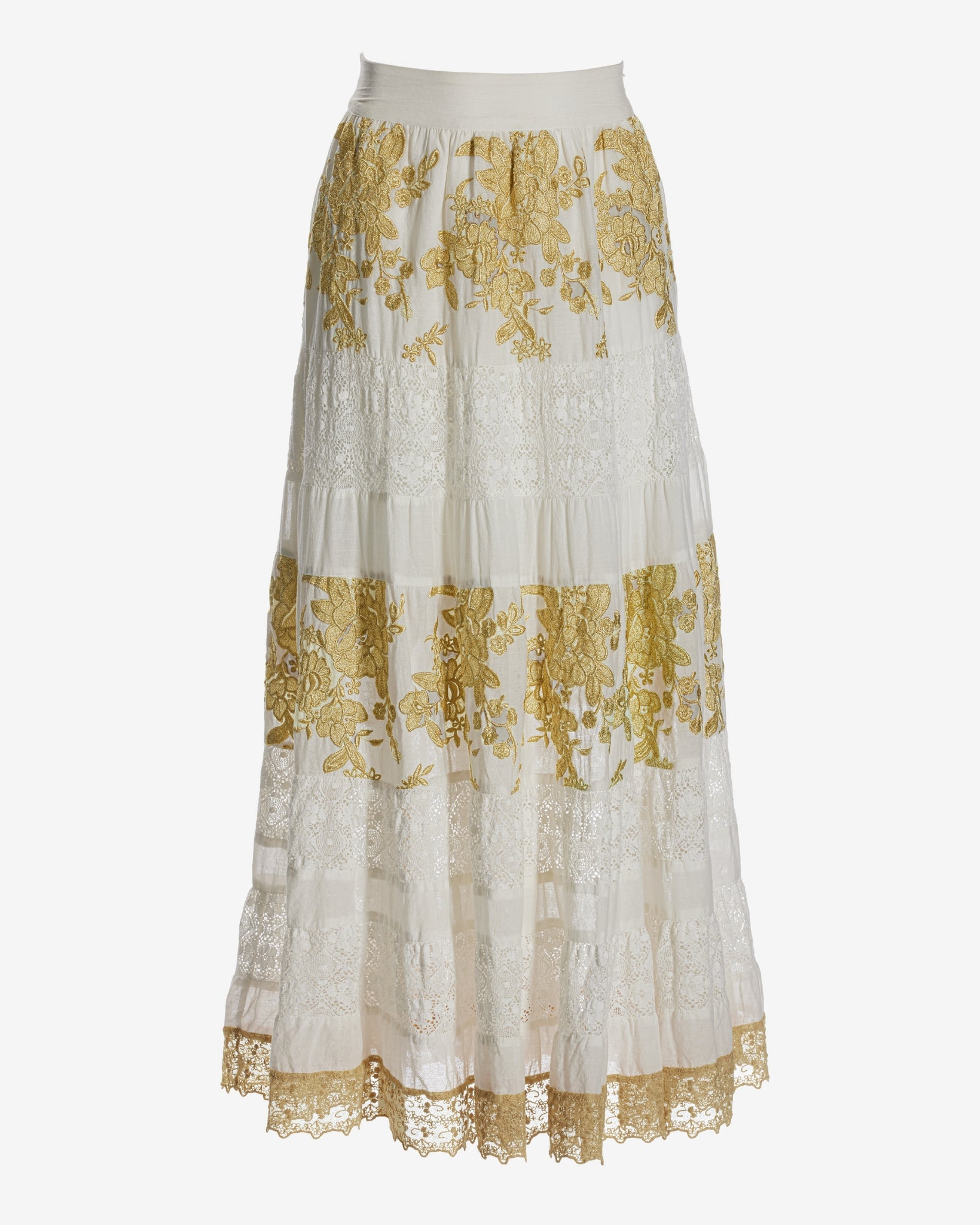 Tiered Gold Lace Maxi Skirt White/Gold