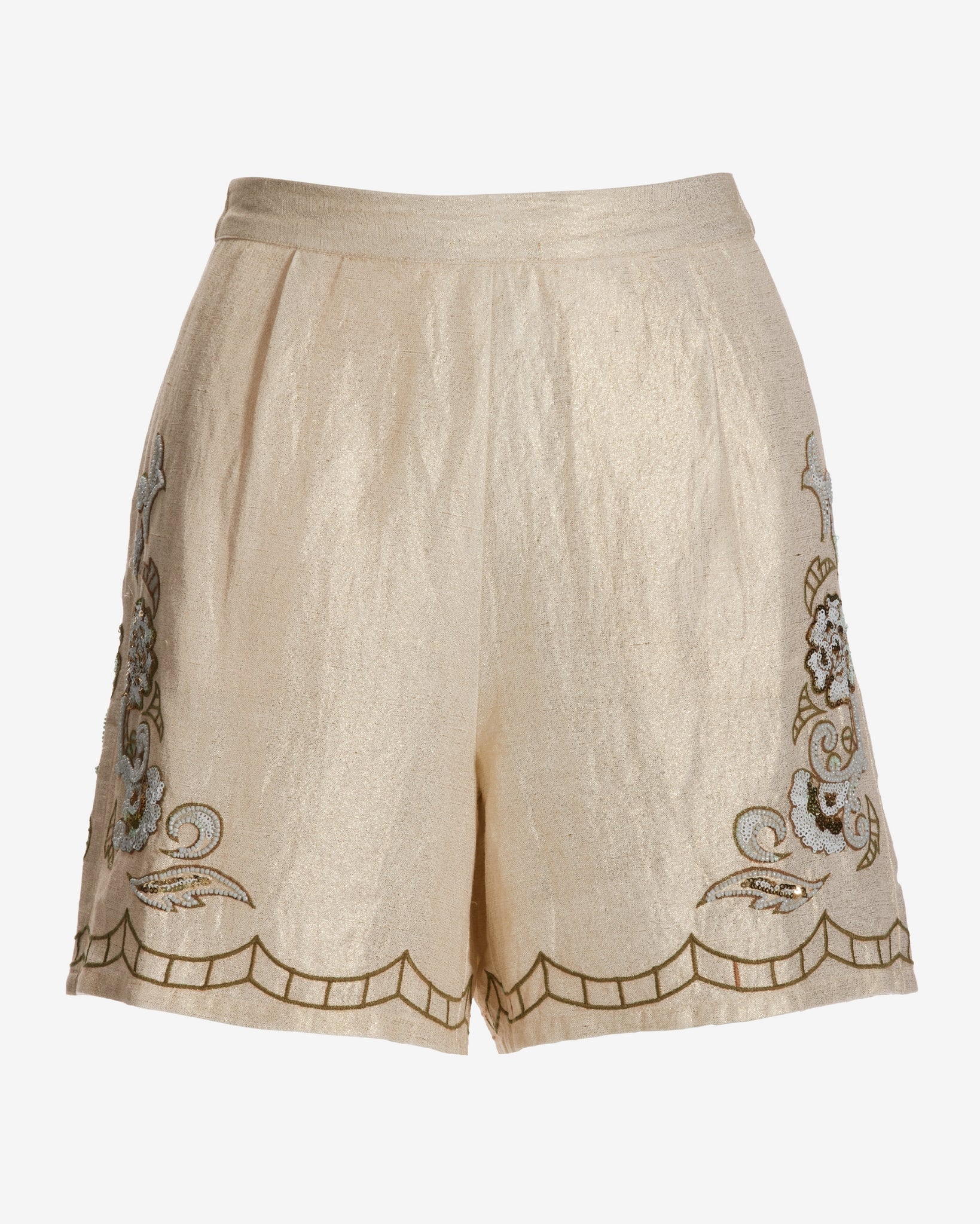 Gold Shimmer Beaded and Embroidered Trouser Short Tan/White