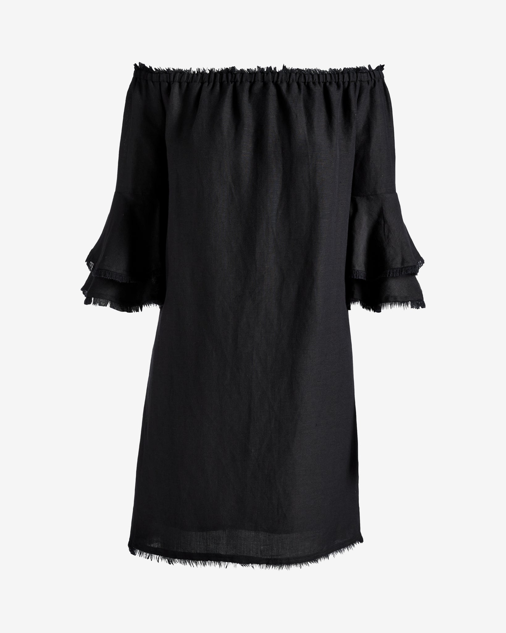 Linen Off The Shoulder Tiered Sleeve Shift Dress Black