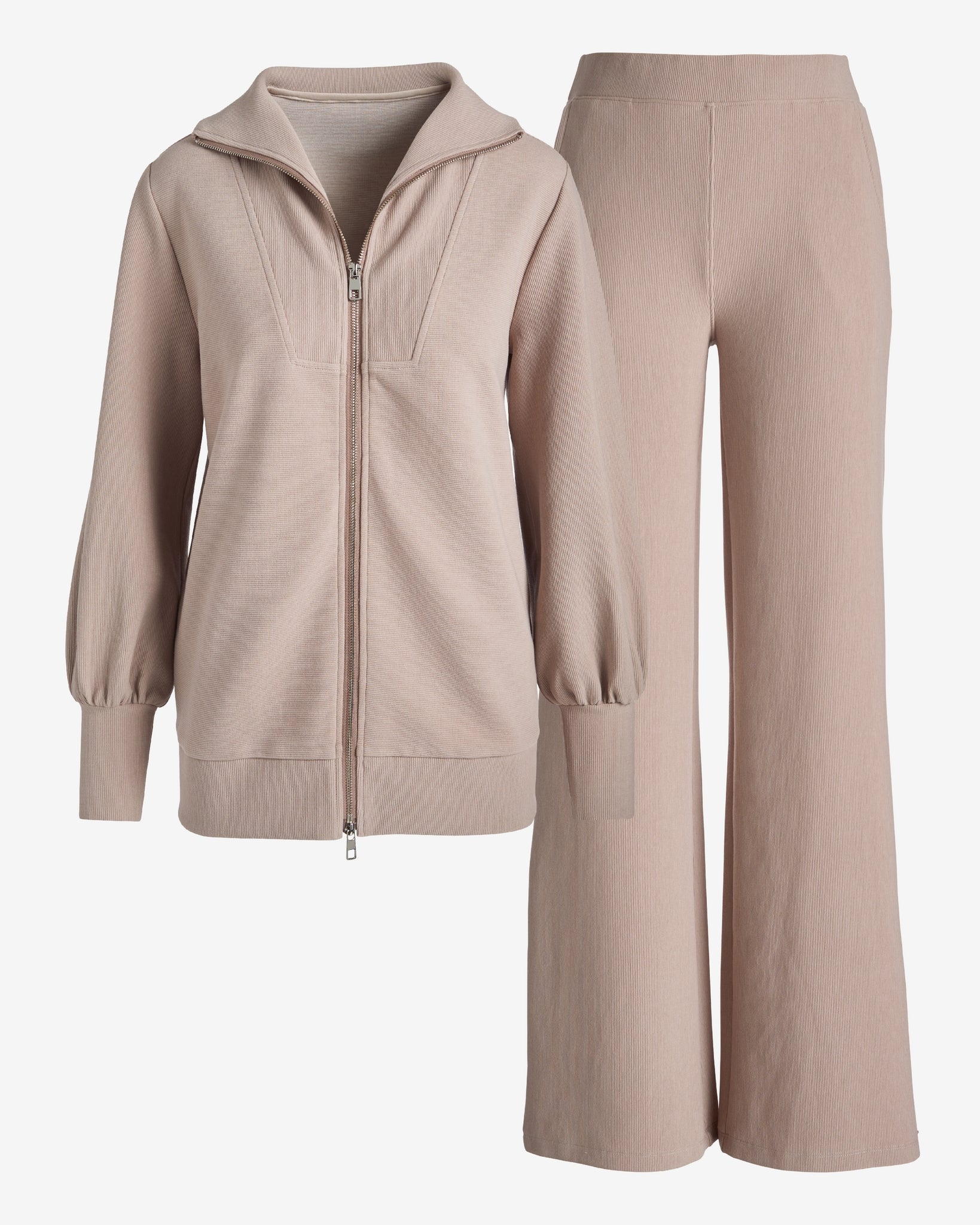 Ribbed Zip Up Sweatshirt and Wide Leg Pant Set Taupe
