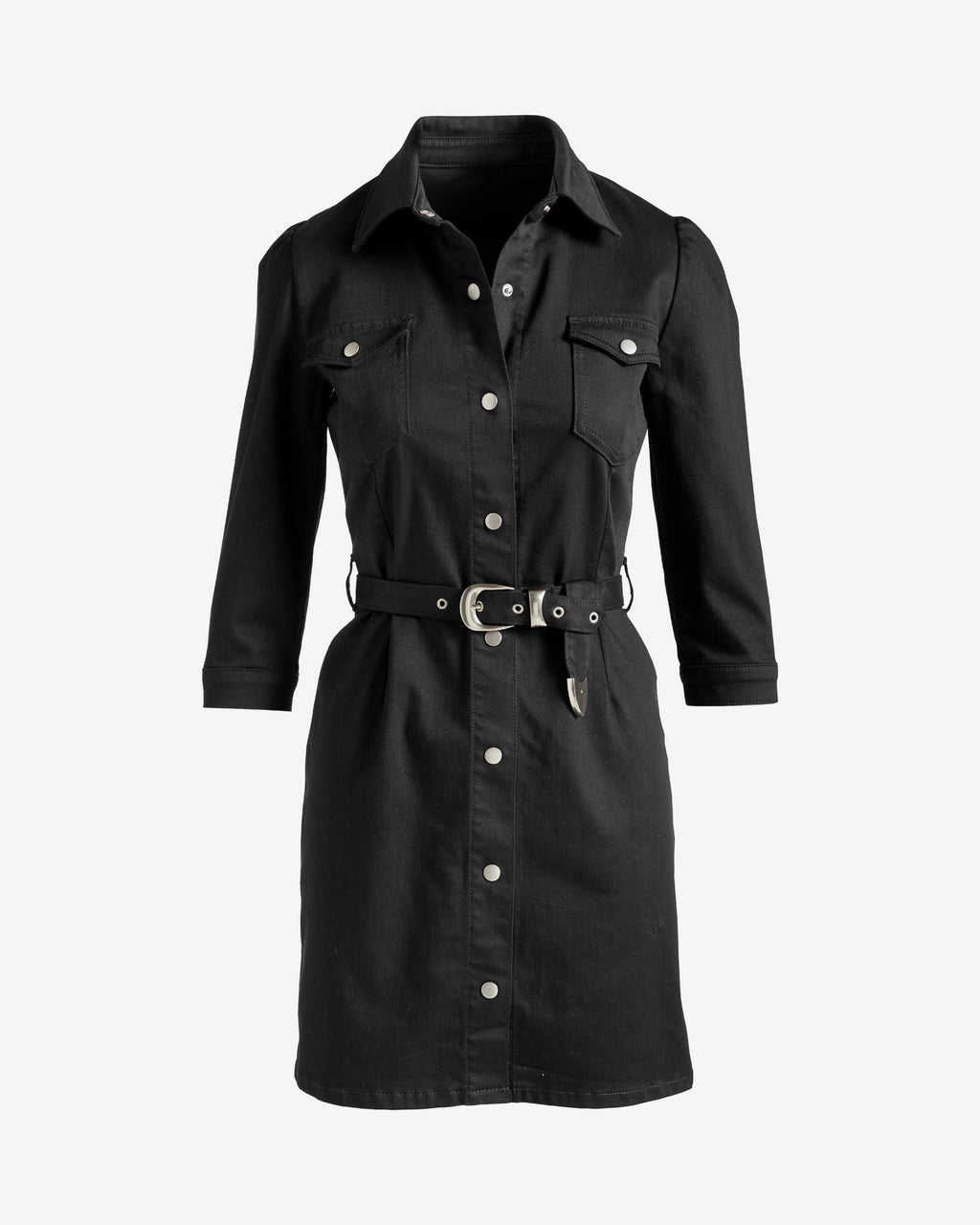 Three Quarter Sleeve Belted Denim Shirt Dress Black