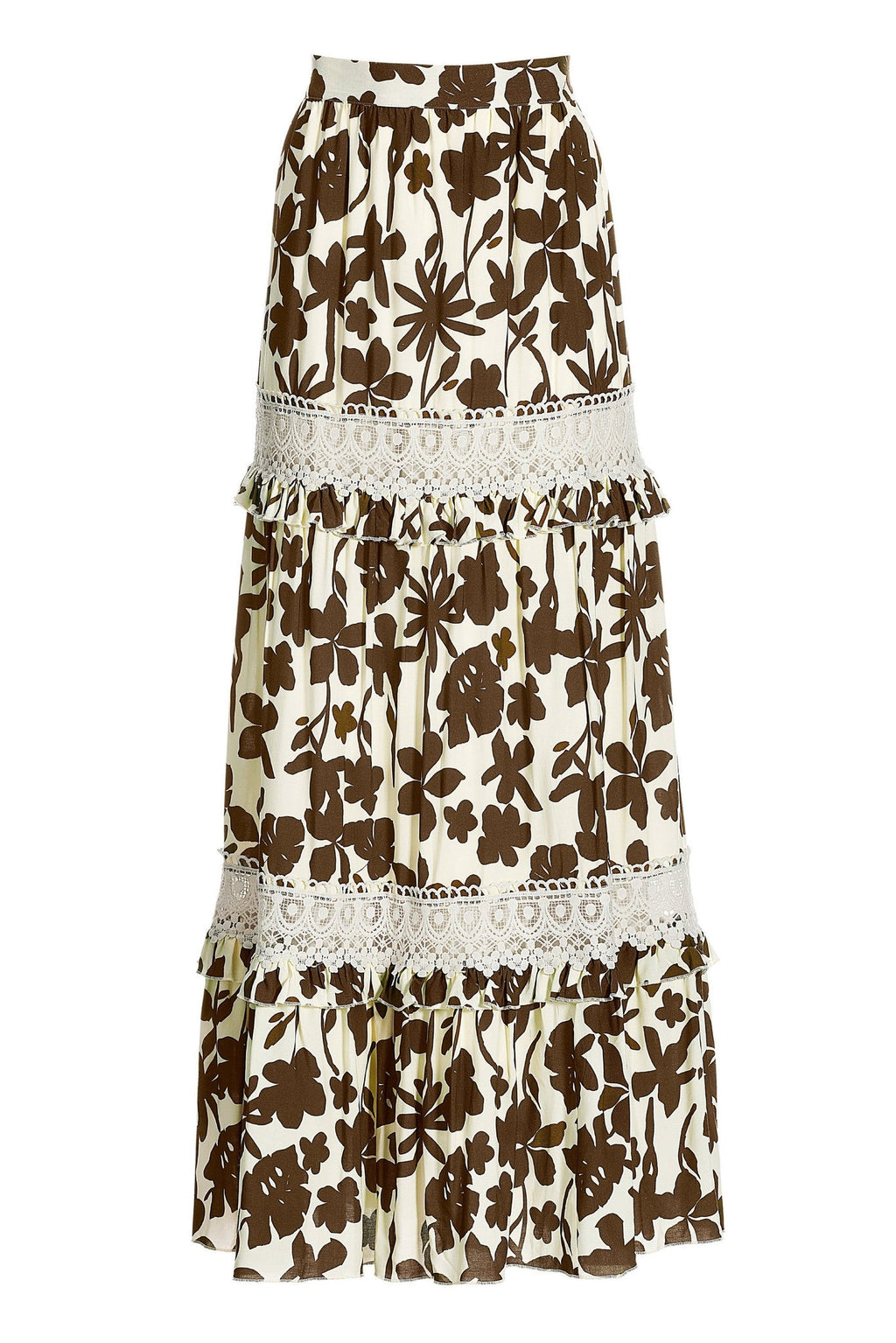Floral Print Lace Tiered Maxi Skirt Cream/Brown