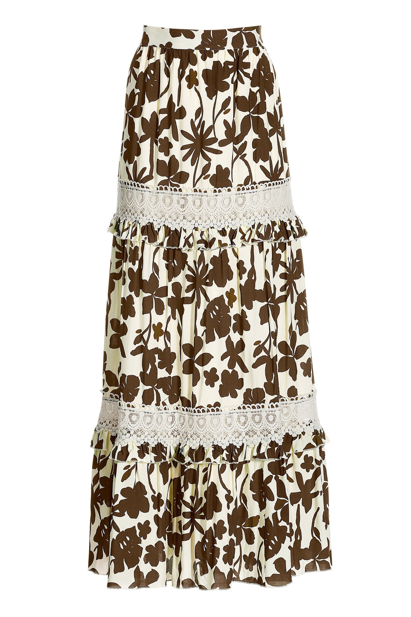 Floral Print Lace Tiered Maxi Skirt Cream/Brown