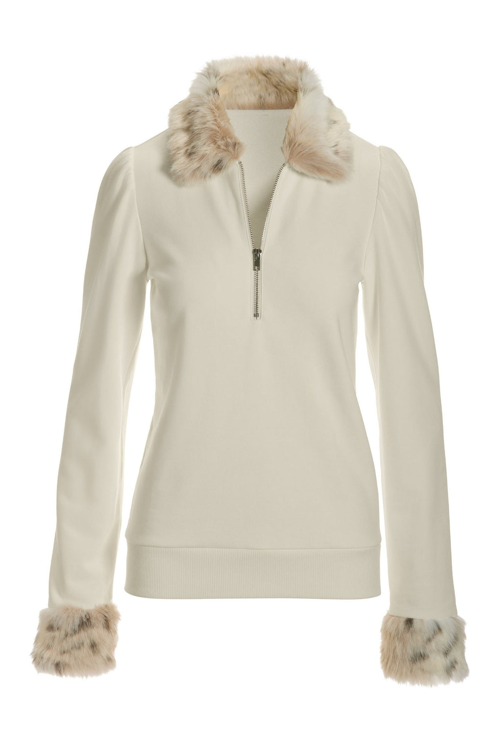 Snow Leopard Half-Zip Puff-Sleeve Sweatshirt Off White