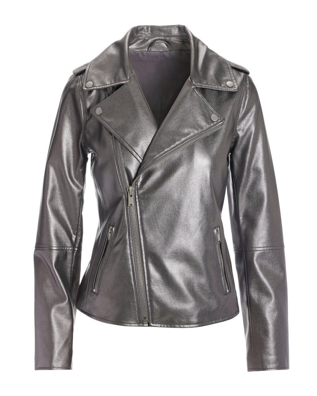 Metallic Faux Leather Moto Jacket Metallic Pewter