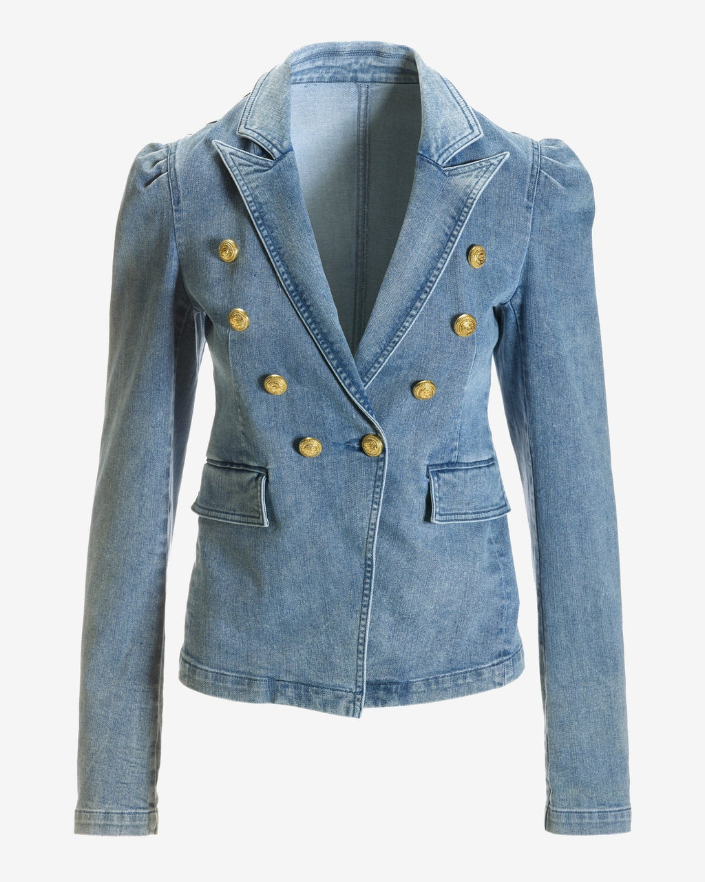 Puff-Sleeve Double-Breasted Denim Blazer Light Med Wash